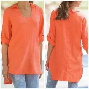 NWOT Soft Surroudings Morgana Tunic Top‎ Fiery Orange 100% Linen Size Small